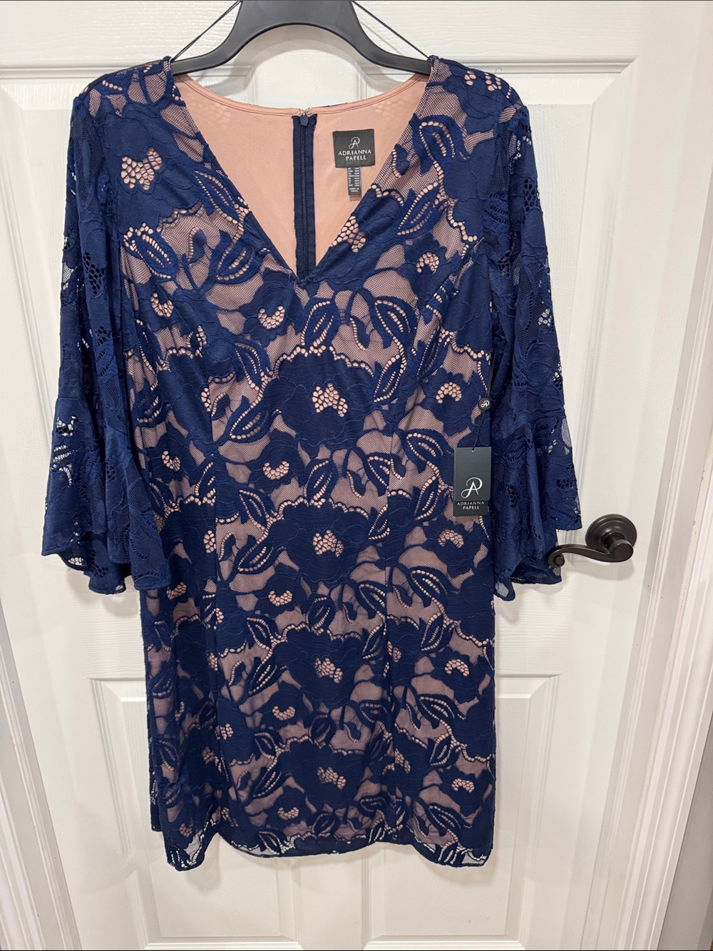Adrianna Papell Navy Lace Overlay Dress with Blush Lining